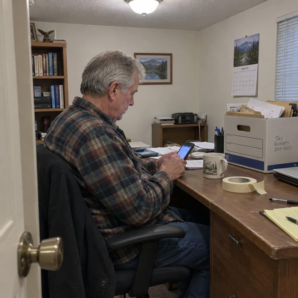 An older man in a flannel shirt sitting at a cluttered home office desk, looking at his phone screen