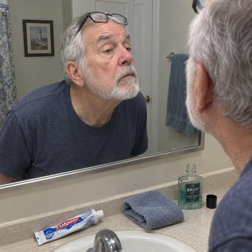 An older man with grey hair and a short beard leans toward a bathroom mirror, head turned slightly, reading glasses pushed up on his forehead