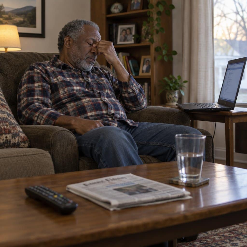 An older man sitting back from an open laptop, eyes closed and fingers pinching the bridge of his nose in discomfort, a glass of water and remote on the coffee table nearby