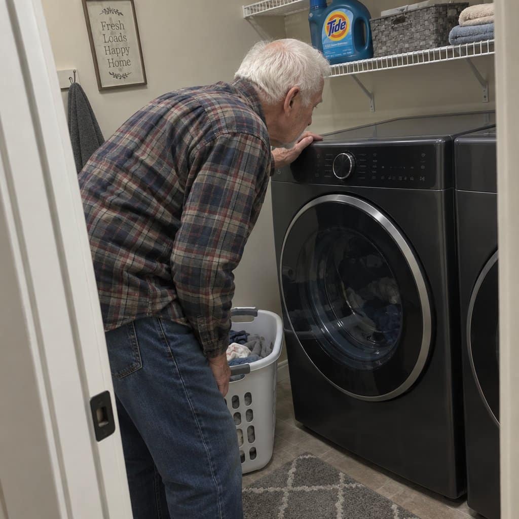 An older man leans toward a front-loading washing machine control panel in a home laundry room