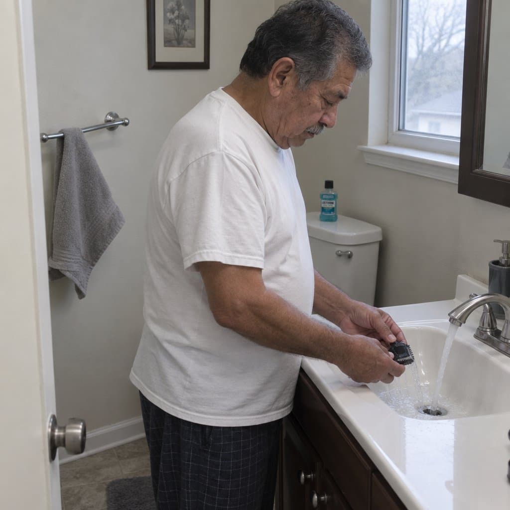 An older man in a white t-shirt holds a small trimmer head under a running bathroom faucet to rinse it, looking down at his hands