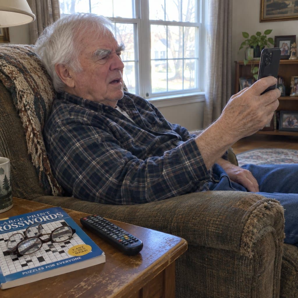 An older man with thick grey eyebrows sits in an armchair holding his phone up at arm's length, squinting at a photo on the screen with a surprised expression