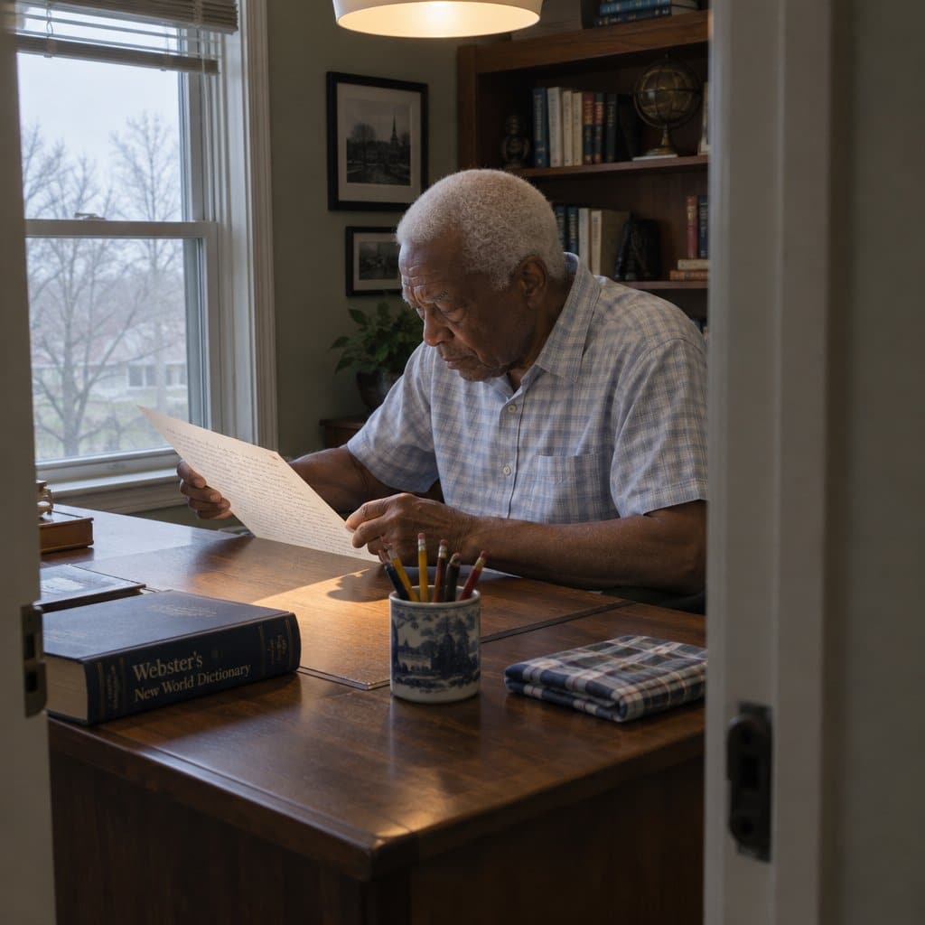 An older man at a writing desk tilting his handwritten page toward a window to find better light, with a shadow from his hand falling across the surface