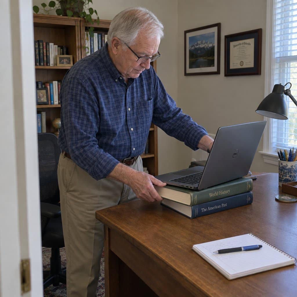 An older man standing beside a desk, sliding hardcover books under a laptop to raise the screen height, looking down at what his hands are doing