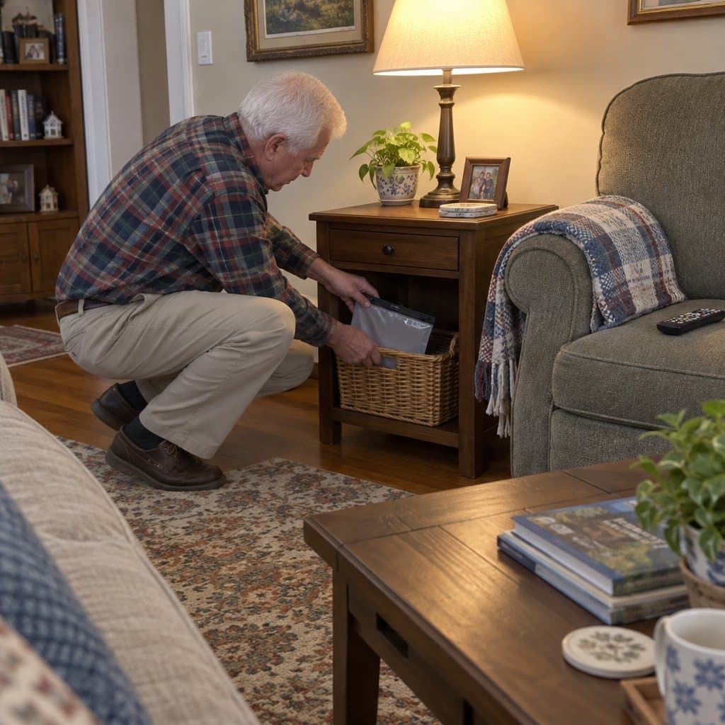 An older man crouches beside an end table and slides a flat bag into a wicker basket on the lower shelf, next to an armchair with a folded blanket
