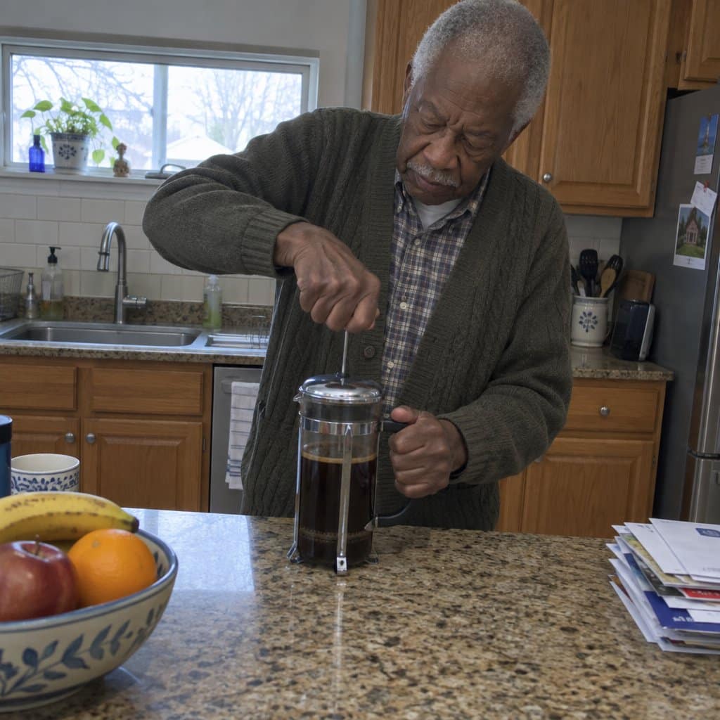 An older man gripping a French press with both hands at an awkward angle, pushing hard on the plunger rod while looking down at it