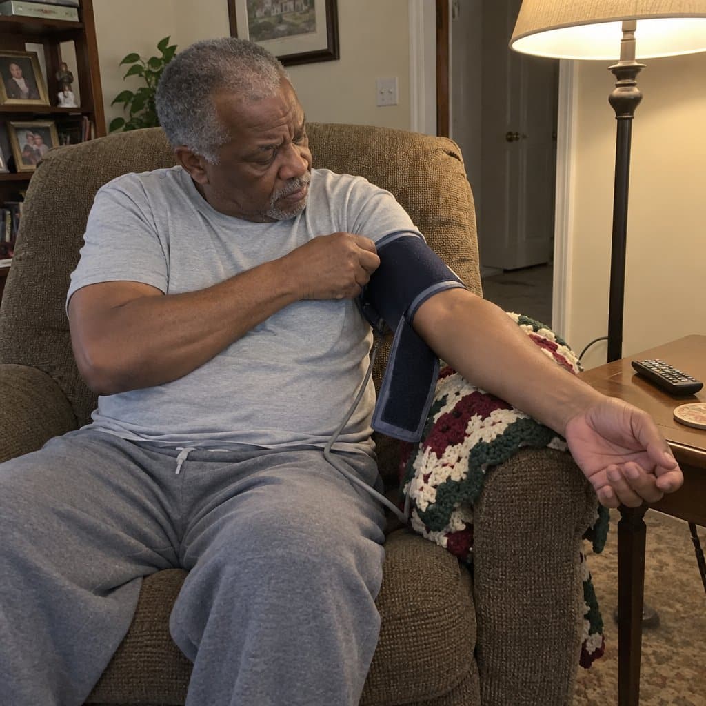 An older man seated in an armchair with a blood pressure cuff drooping loosely off his upper arm, velcro end not fastened