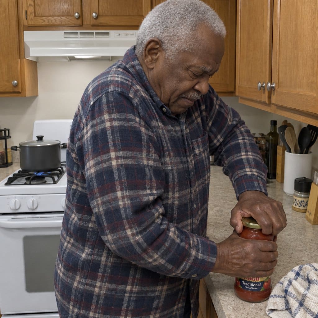 An older man straining to twist open a pasta sauce jar with both hands wrapped around the lid, standing at a kitchen counter