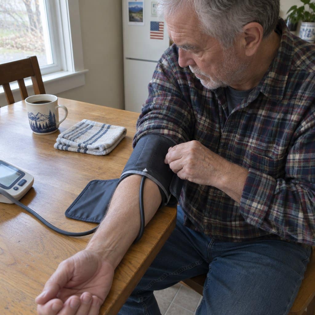 An older man sliding his arm through a blood pressure cuff laid flat on a kitchen table, pressing it in place while adjusting the fit with his free hand