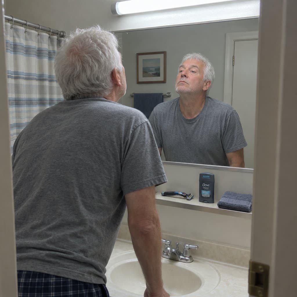 An older man with white hair leans toward a bathroom mirror, tilting his head back to look up at his reflection