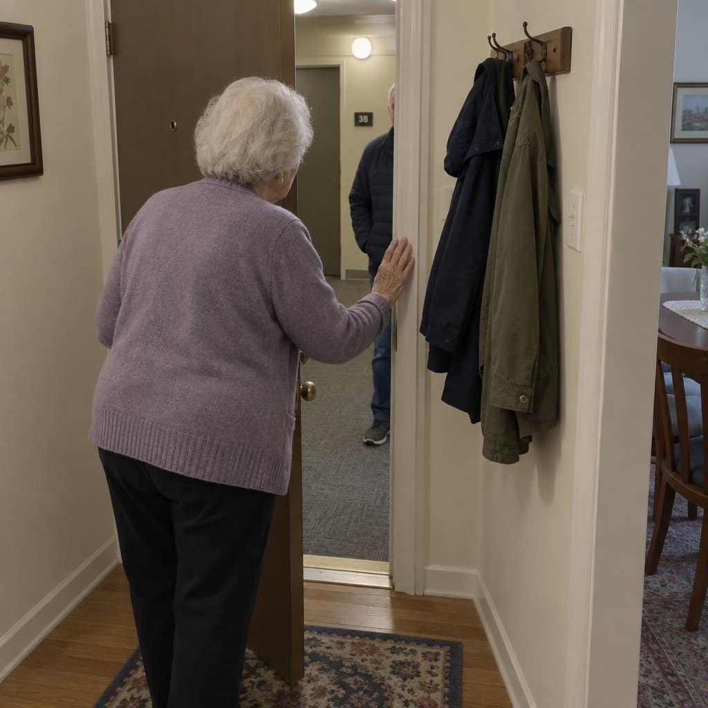 An older woman with white hair opens her apartment door partway, looking out toward a neighbor visible in the hallway
