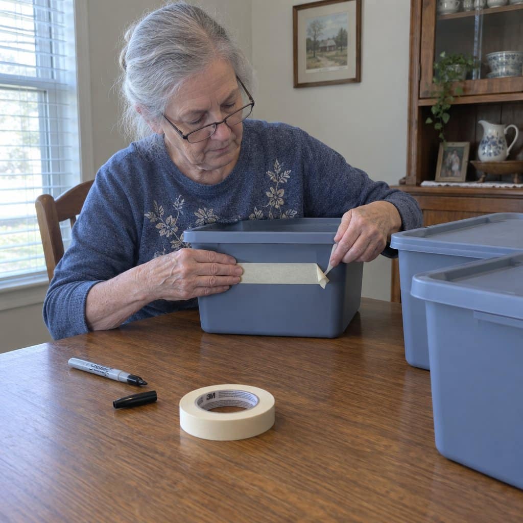 An older woman with reading glasses pressing a masking tape label onto a storage bin at a dining table, a marker and more bins nearby