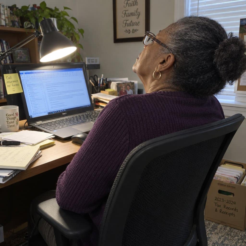 An older woman wearing bifocals sitting at a desk with her chin tipped upward and head tilted back in an awkward angle while viewing a low laptop screen