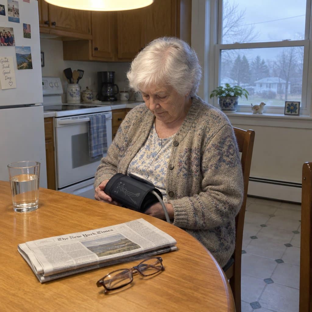 An older woman sitting at a kitchen table with a blood pressure cuff resting in her lap, looking down at it with her hands still