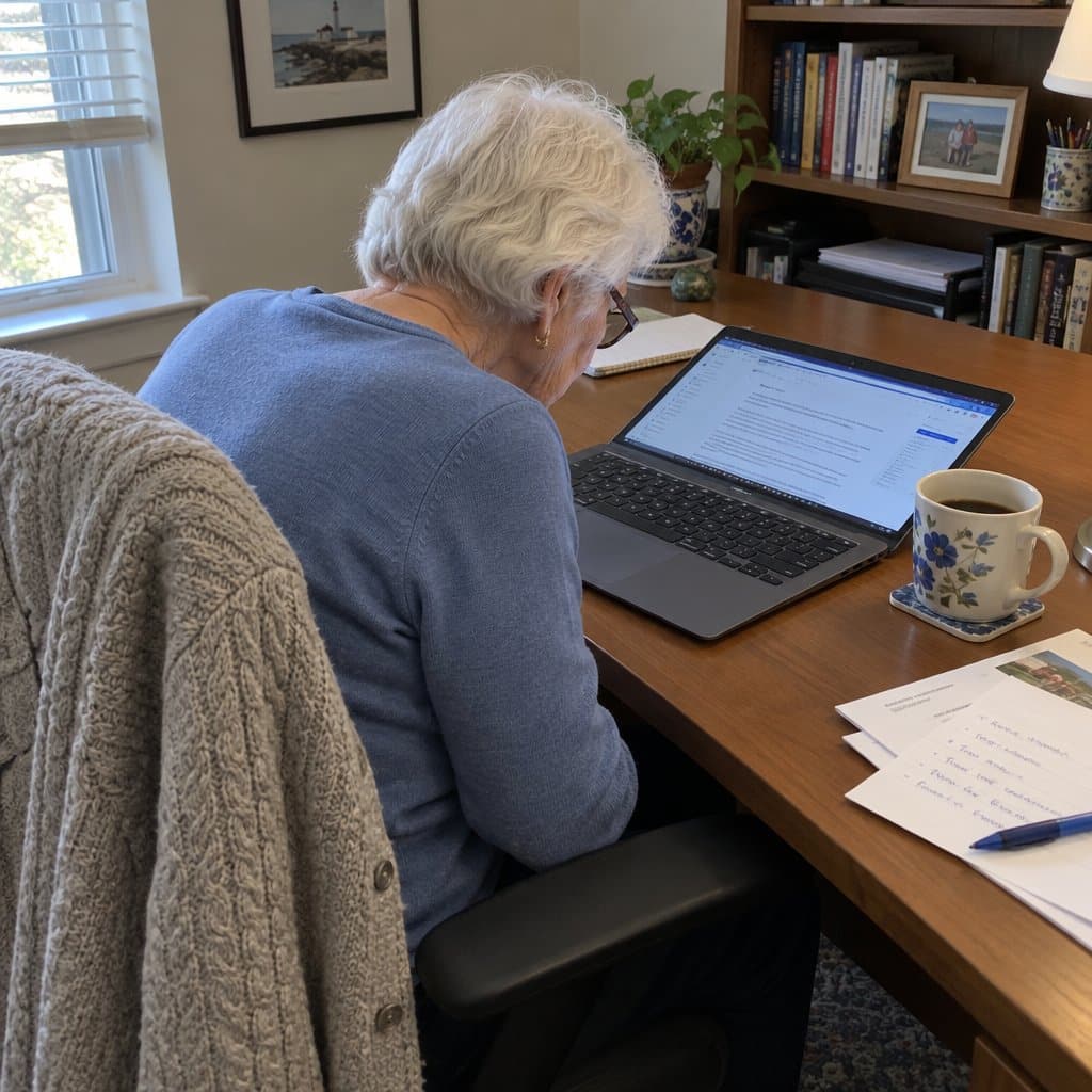 An older woman sitting at a desk with a laptop flat on the surface, her chin jutting forward and neck angled sharply downward as she reads the screen