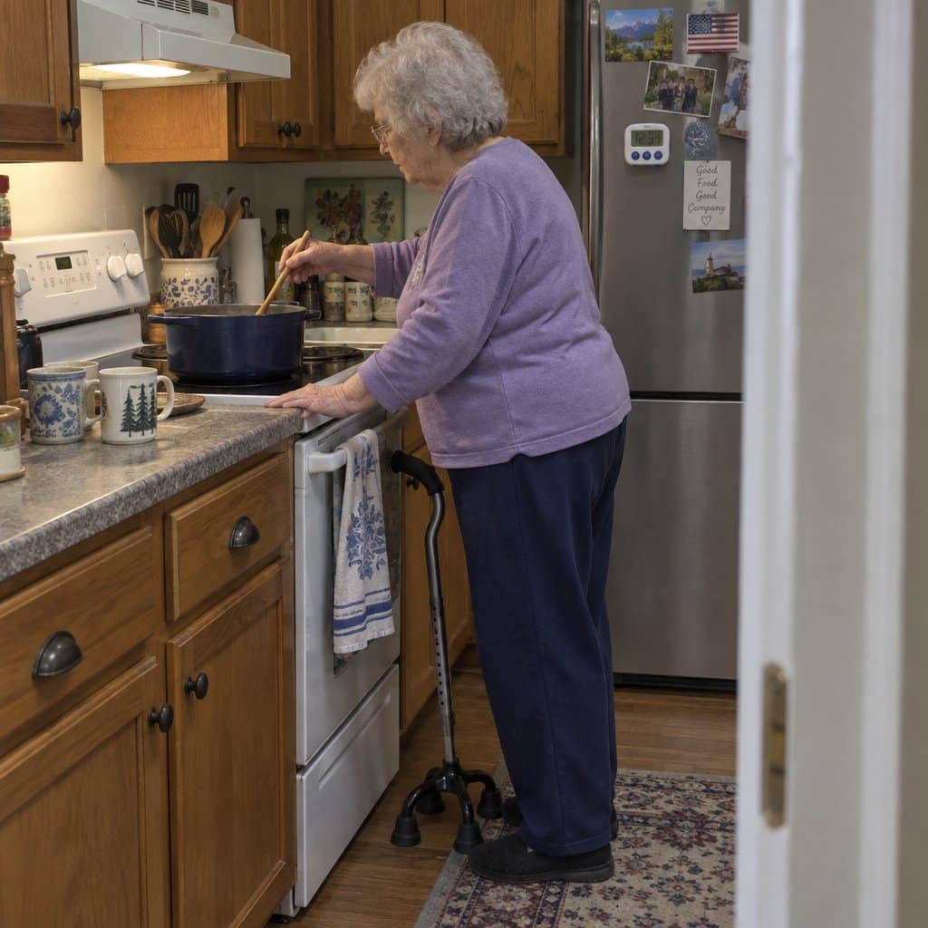 An older woman stands at a stove stirring a pot with a quad cane leaning on the counter beside her