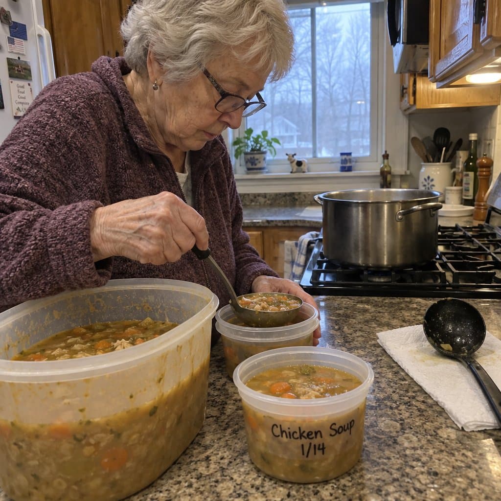 An older woman spooning soup from a large container into two smaller labeled containers on a kitchen counter, with a ladle resting on a paper towel nearby