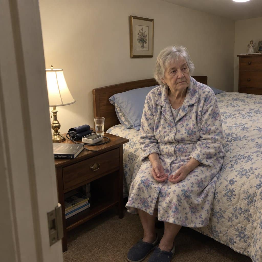 An older woman sitting on the edge of a bed with a blood pressure cuff resting on the nightstand beside her, hands resting open in her lap