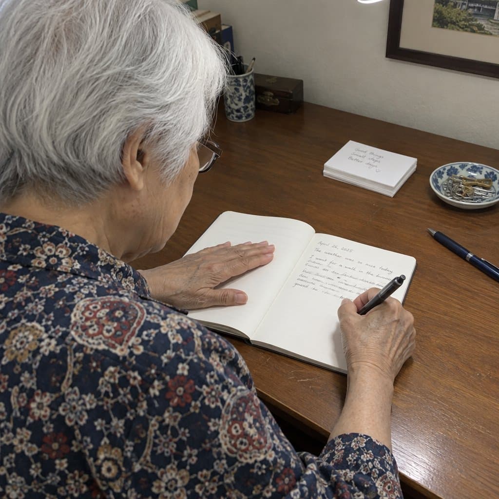 An older woman at a desk using one hand to hold down a curling notebook page while writing on the opposite page with her other hand