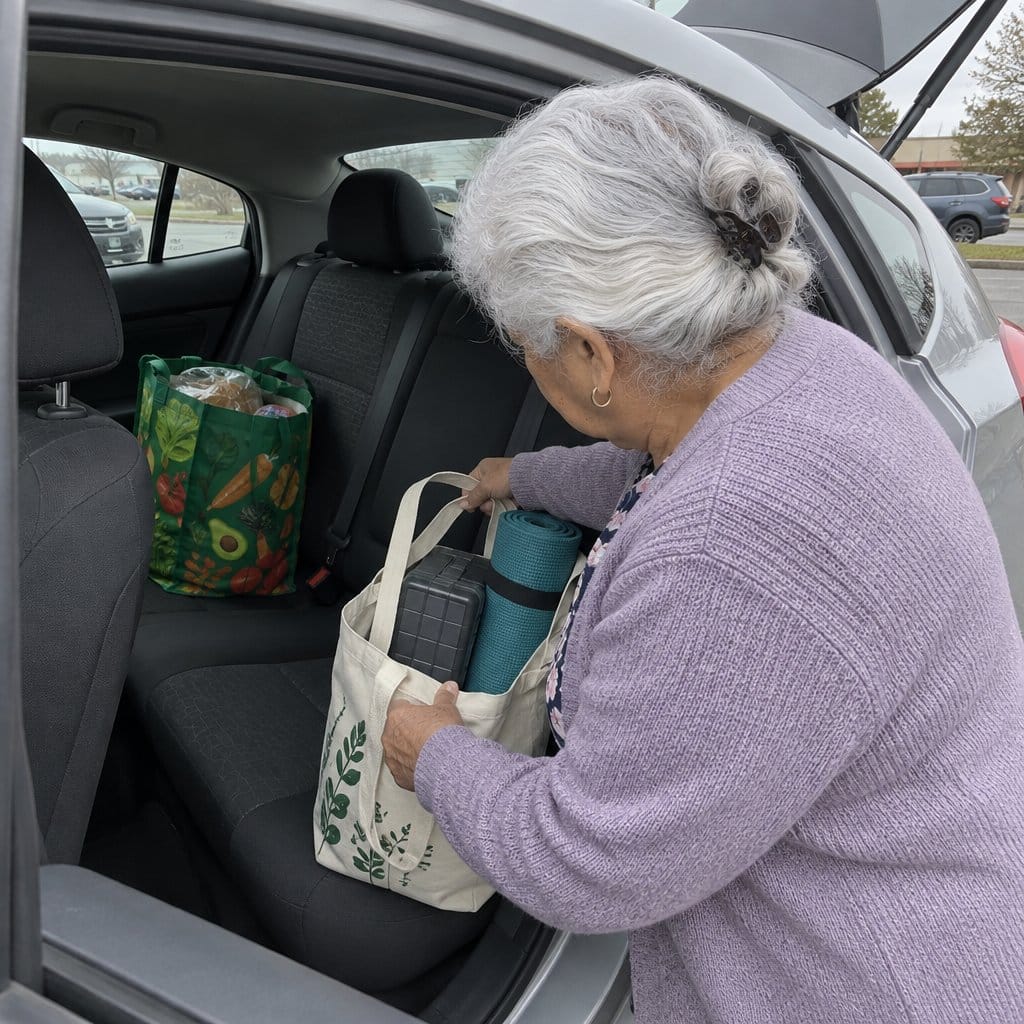 An older woman placing a tote bag containing a rolled mat and tile case into the back seat of a car