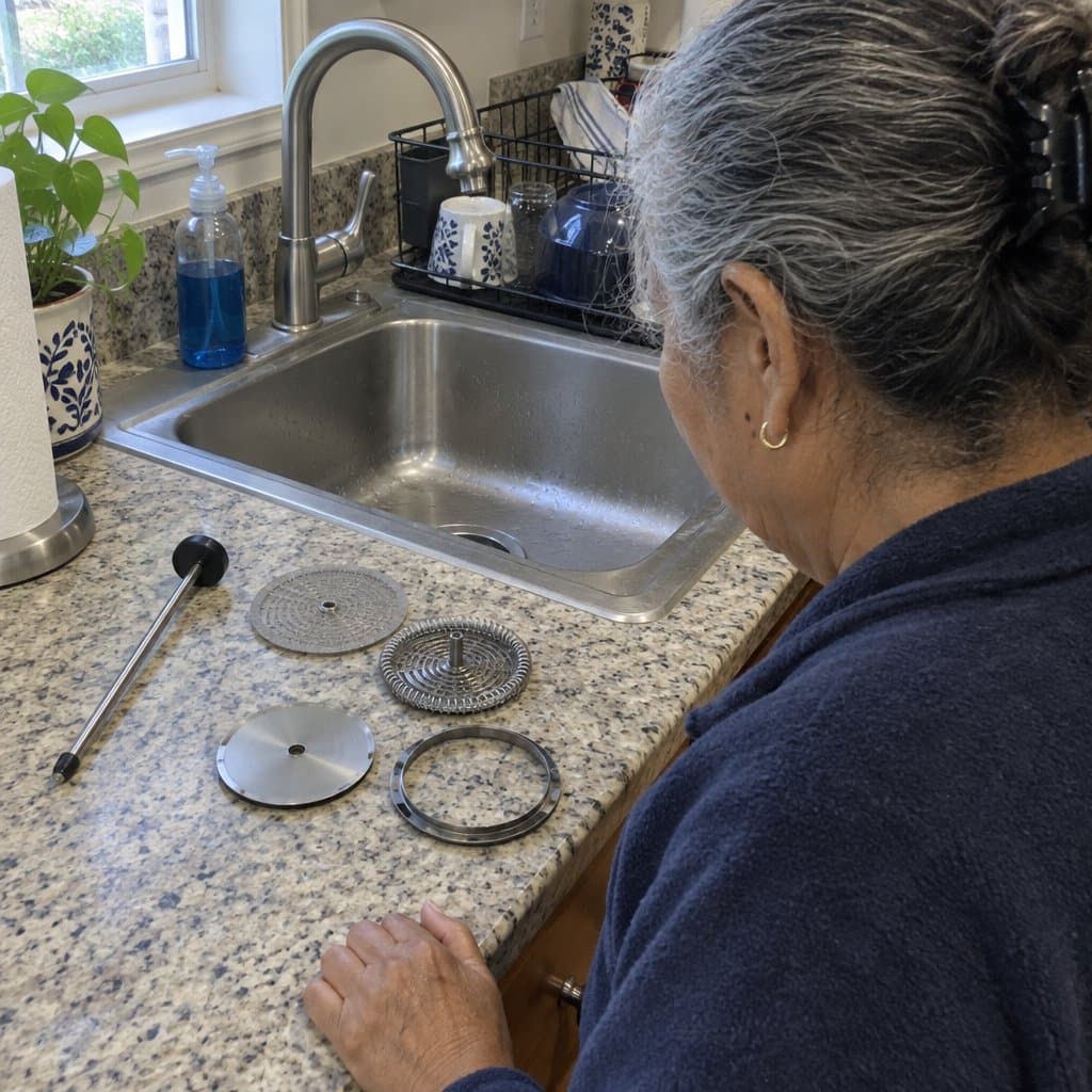 An older woman standing at a kitchen sink looking down at multiple disassembled French press plunger parts spread across the counter beside her