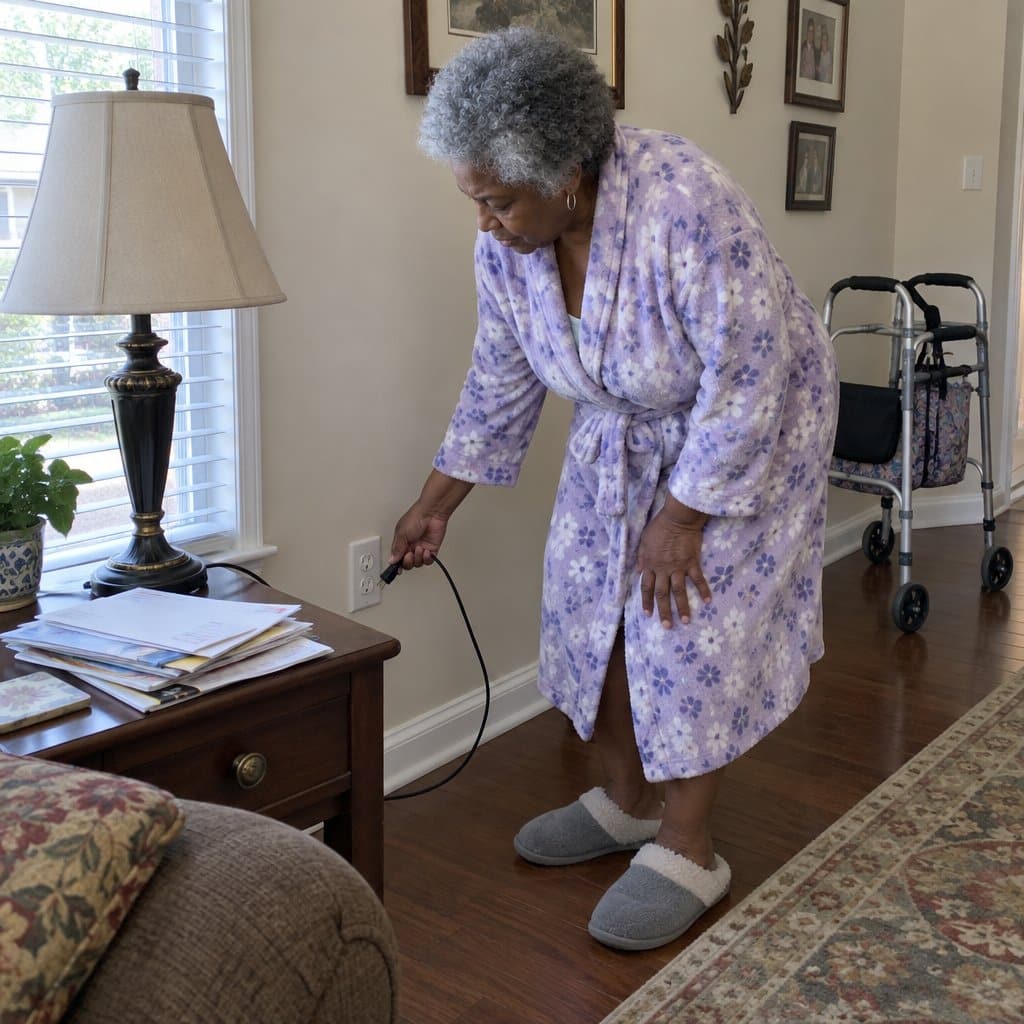 An older woman crouching near a wall outlet holding a lamp cord, a walker visible in the background