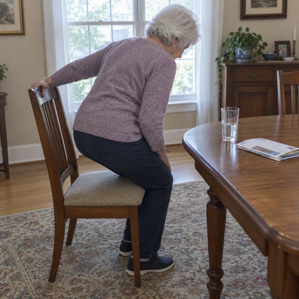 Older woman with white hair carefully lowering herself into a wooden dining chair, gripping the chair back for support, looking down at the seat