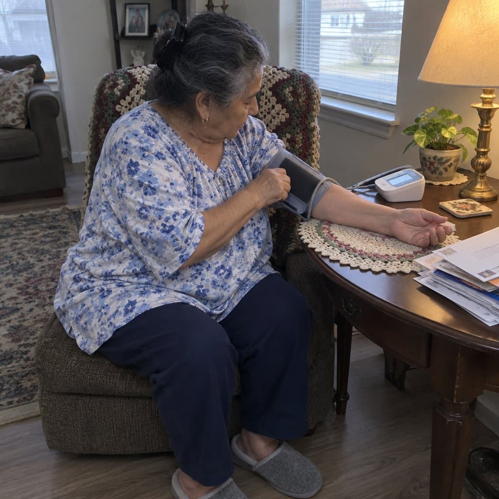 An older woman pressing a blood pressure cuff velcro closure with one hand while her arm rests flat on a side table