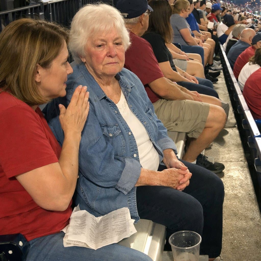An older woman sitting still and flushed on bleachers while her adult daughter turns toward her with a concerned look, the game continuing around them