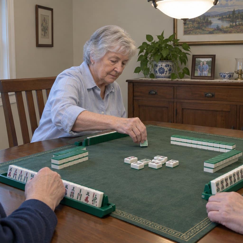 An older woman placing a mahjong tile onto a mat on a dining table, other players' hands visible at the edges of the frame