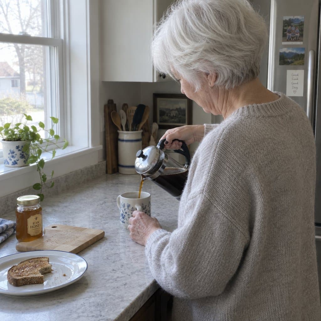 An older woman with short white hair calmly pouring coffee from a French press into a mug at a kitchen counter with morning light coming in from a nearby window