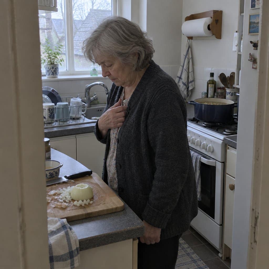 An older woman holding her right hand against her chest with slightly curled fingers, pausing from chopping an onion on a cutting board in a small kitchen