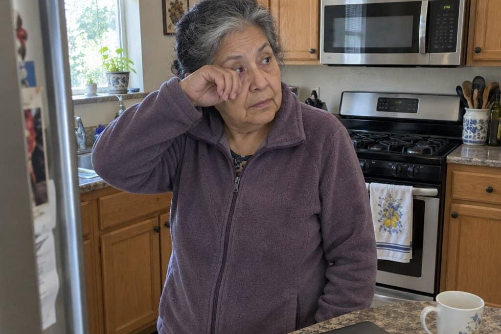An older woman standing at a kitchen counter, laptop closed in front of her, rubbing one eye and looking away, an empty coffee mug beside the computer