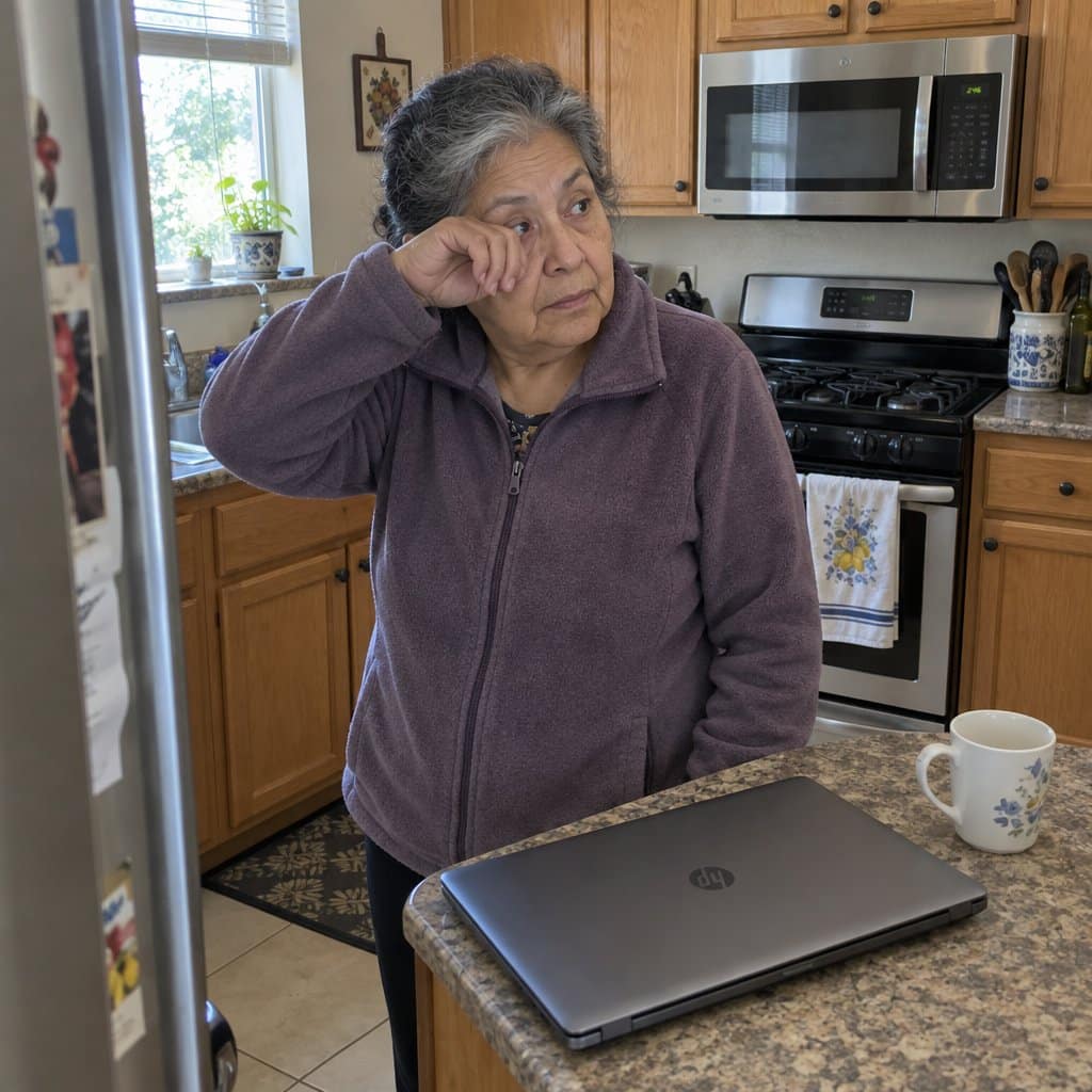 An older woman standing at a kitchen counter, laptop closed in front of her, rubbing one eye and looking away, an empty coffee mug beside the computer