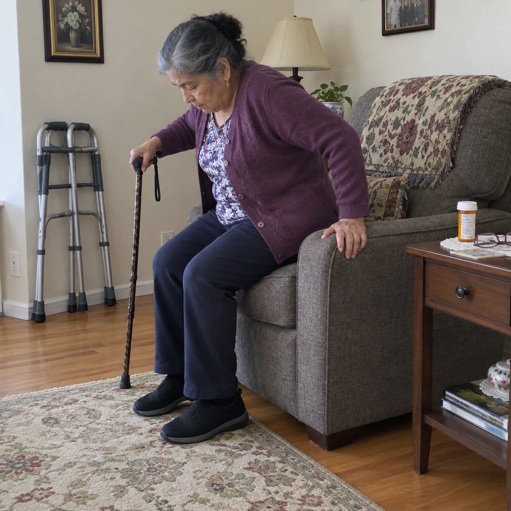Older woman using a cane to carefully lower herself into a firm armchair, looking down at her positioning, a folded walker visible against the wall nearby