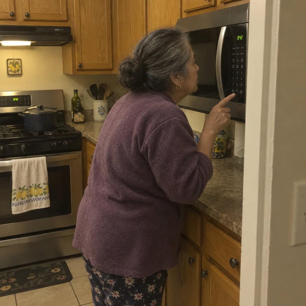 An older woman leans close to a microwave control panel with her finger hovering over the buttons in a home kitchen