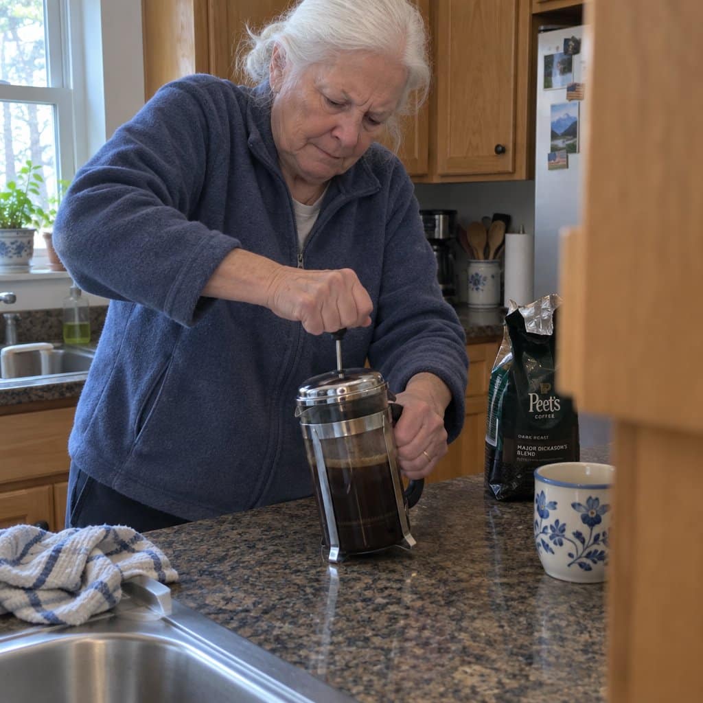An older woman with white hair pressing down hard on a French press plunger with both hands, the carafe sliding sideways on the kitchen counter