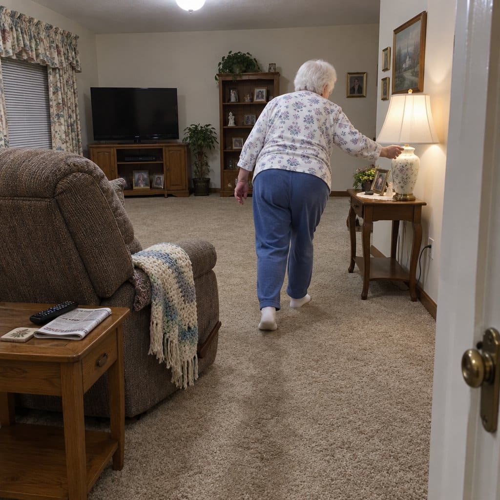 An older woman in socks walking across a living room toward a lamp by the wall, her recliner visible behind her