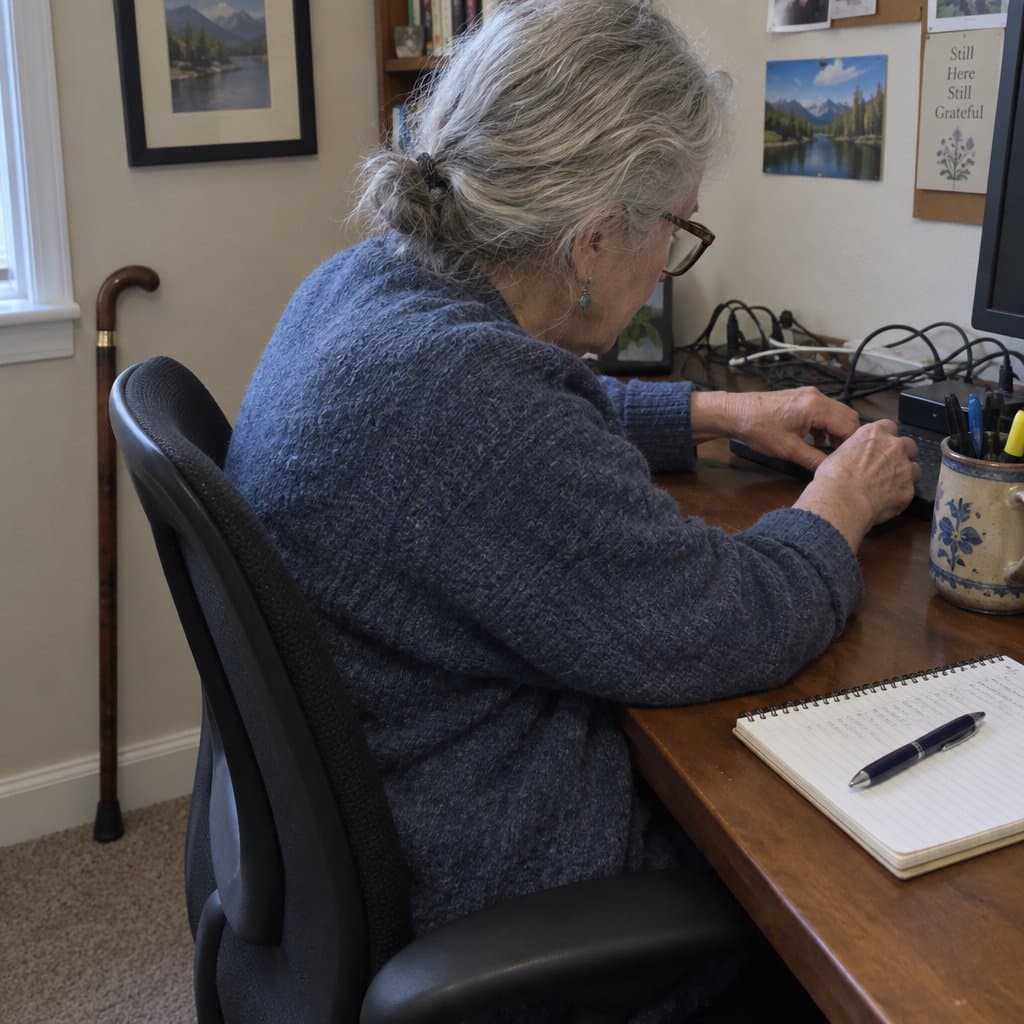 An older woman with a cane leaning against the wall behind her, reaching forward with both hands to adjust something on a desk covered with cables, a notepad, and a mug of pens