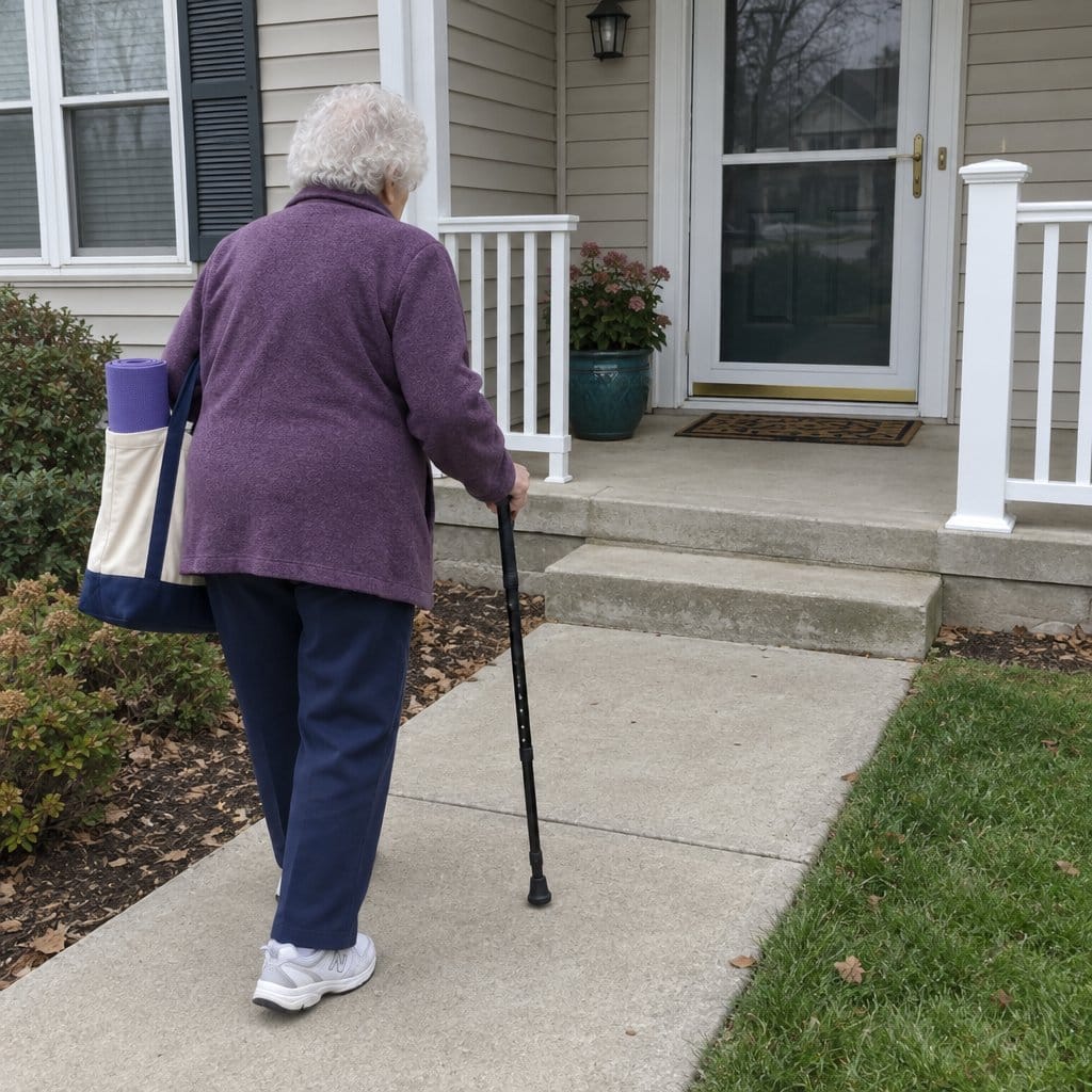 An older woman using a cane walking toward a front door with a tote bag over her arm, a rolled mat visible inside