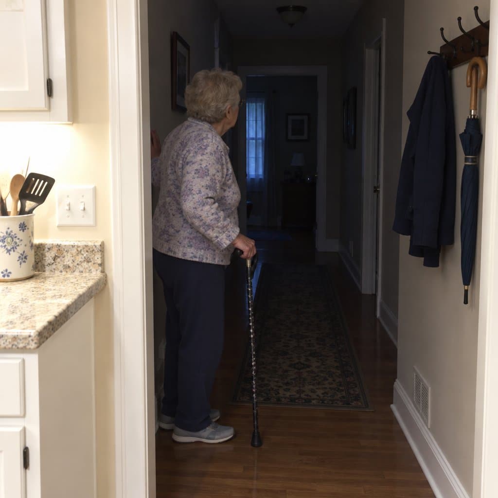 An older woman with a cane pauses at the transition between a bright kitchen and a dark hallway