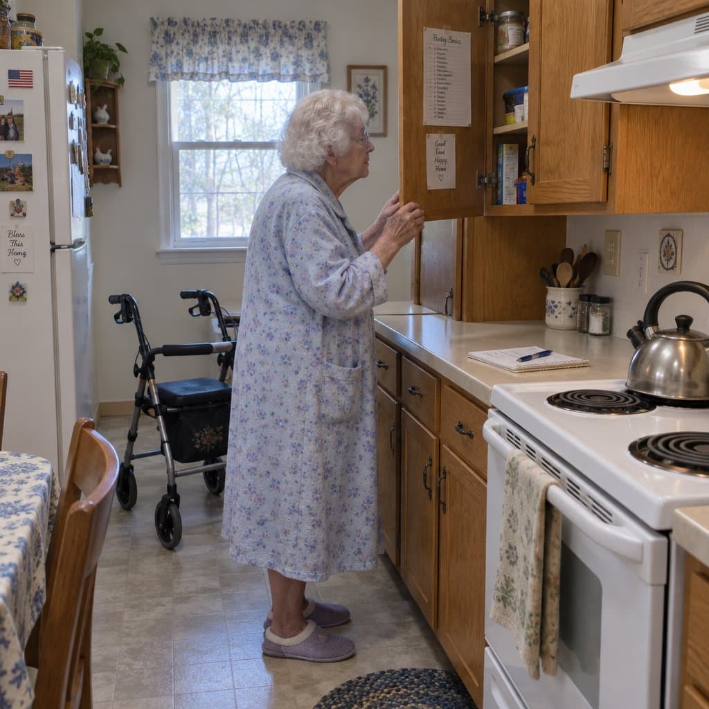 An older woman with a walker standing at an open kitchen cabinet, reading a label on the inside of the door