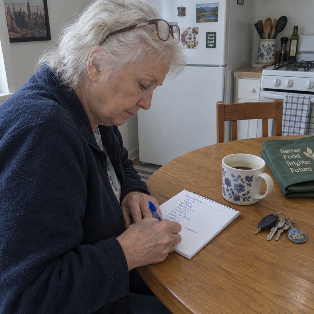 An older woman with white hair and reading glasses sitting at a kitchen table, writing a list on a notepad