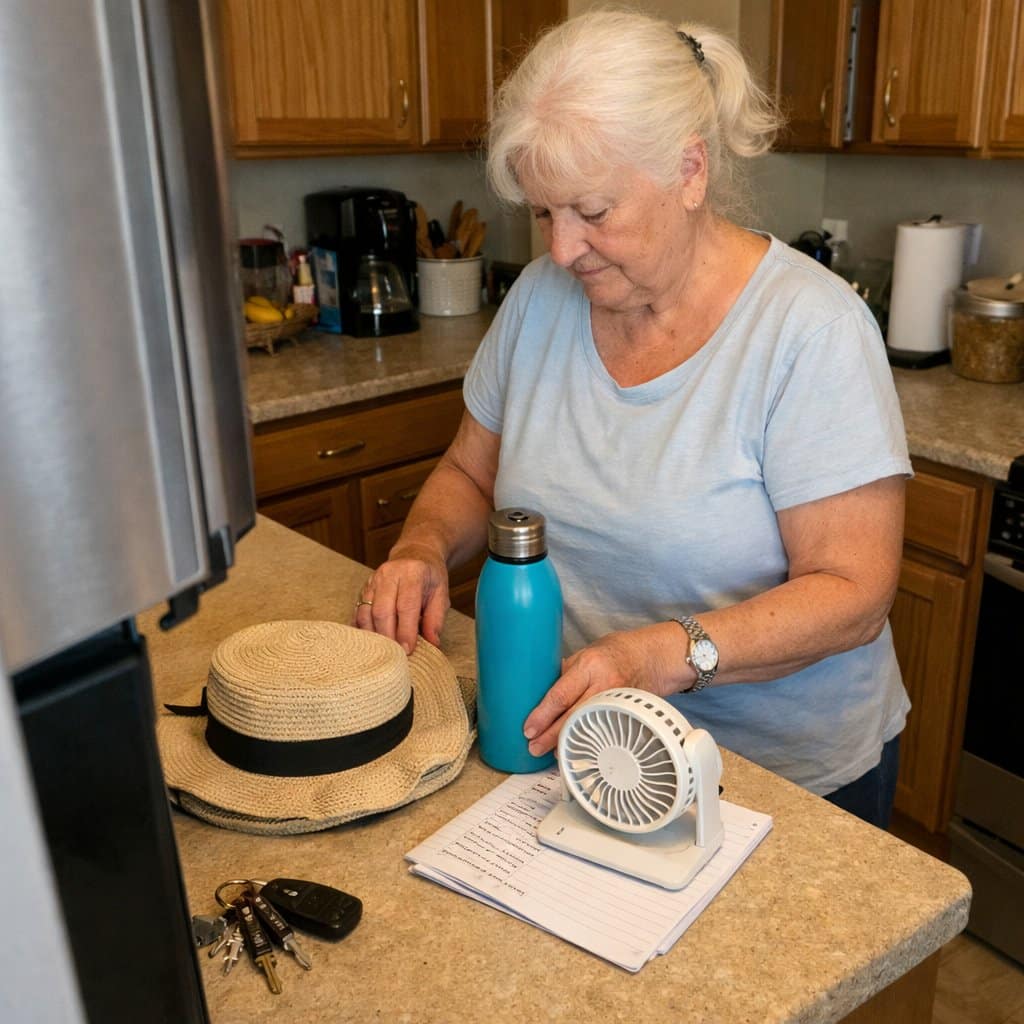 An older woman with white hair stands at a kitchen counter laying out items to pack for an outdoor outing, looking down at what she is arranging