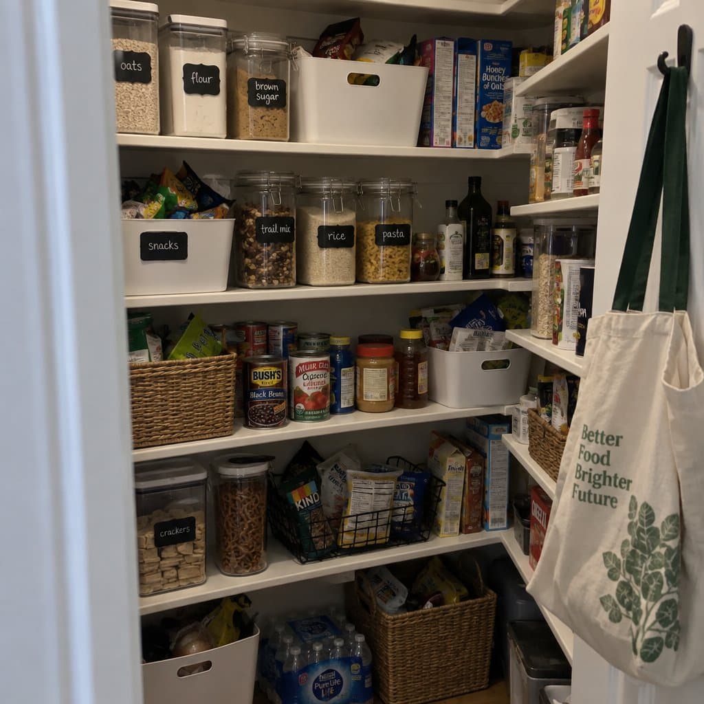 Pantry shelves with a mix of chalkboard-labeled bins and ordinary unlabeled jars and boxes in a lived-in American home