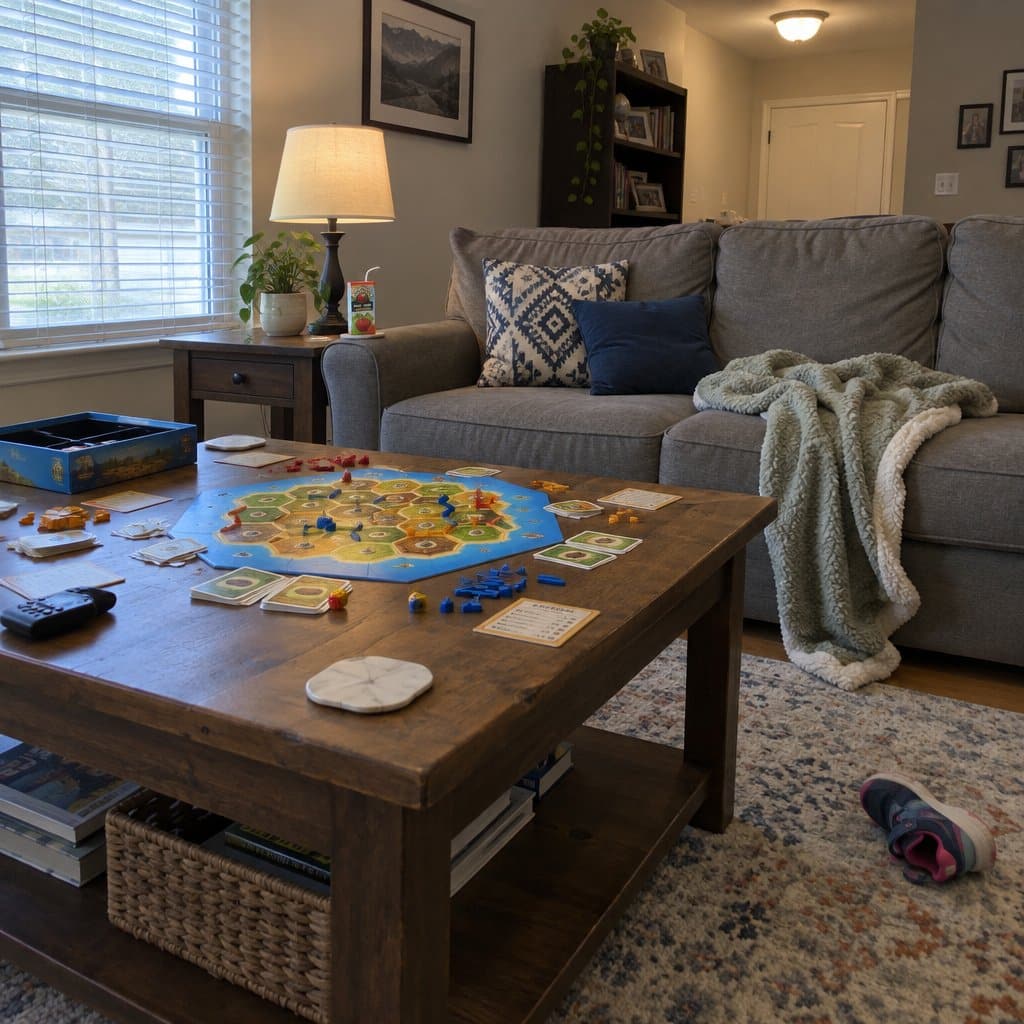 A board game left mid-session on a coffee table in an empty living room with a child's sneaker and blanket nearby