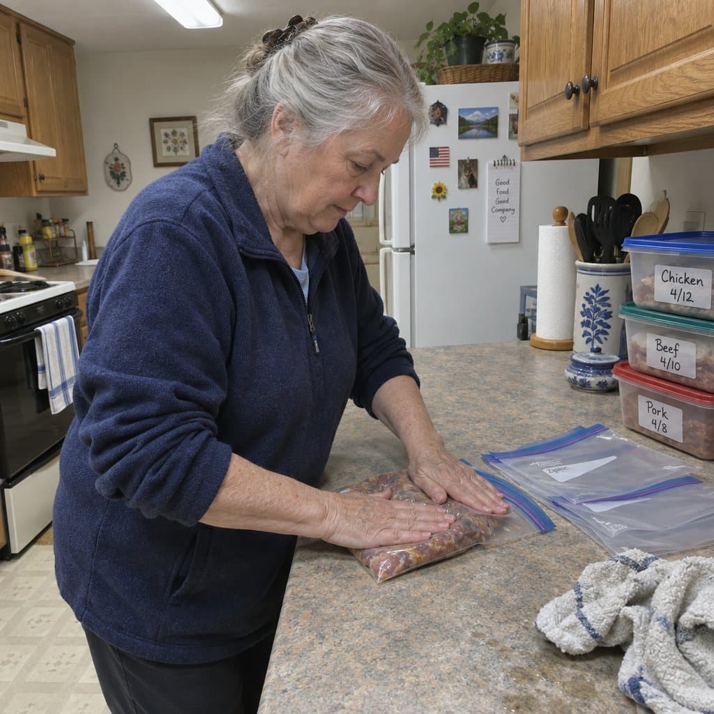 An older woman pressing air out of a plastic freezer bag on a kitchen counter, surrounded by containers and dish towels