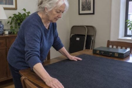 An older woman with white hair smooths a felt mat across a wooden dining table, mahjong tile case visible at the far end