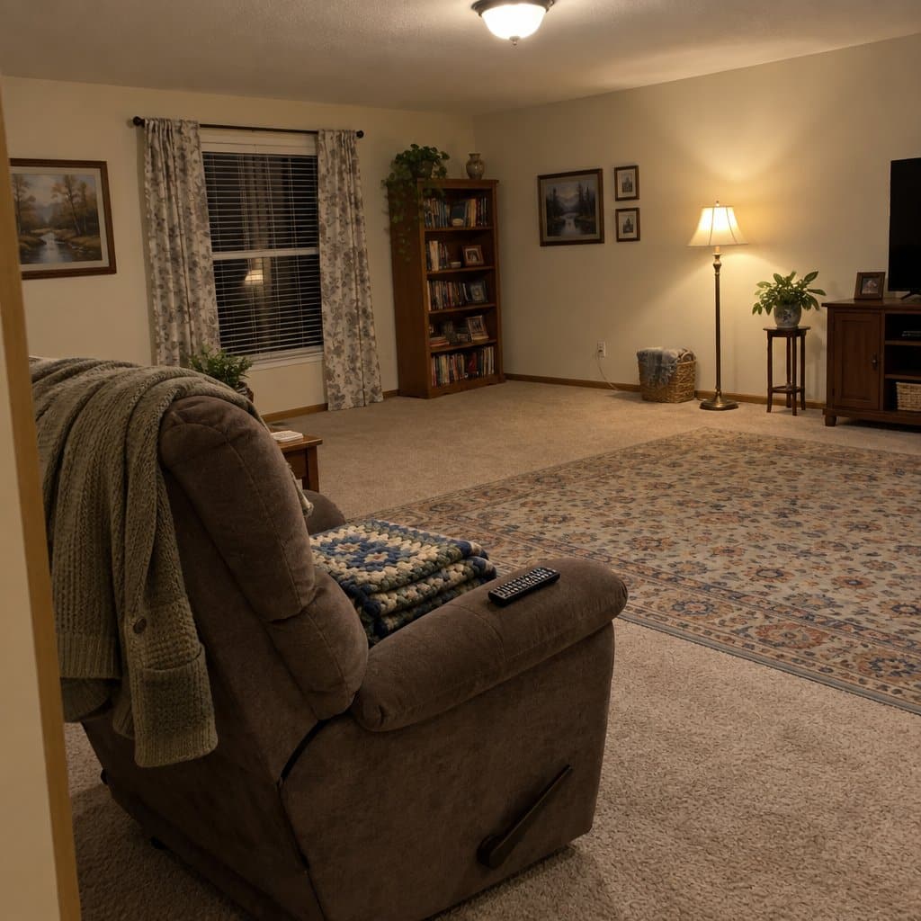 A living room showing a recliner with a small remote on the armrest and a lit floor lamp across the room