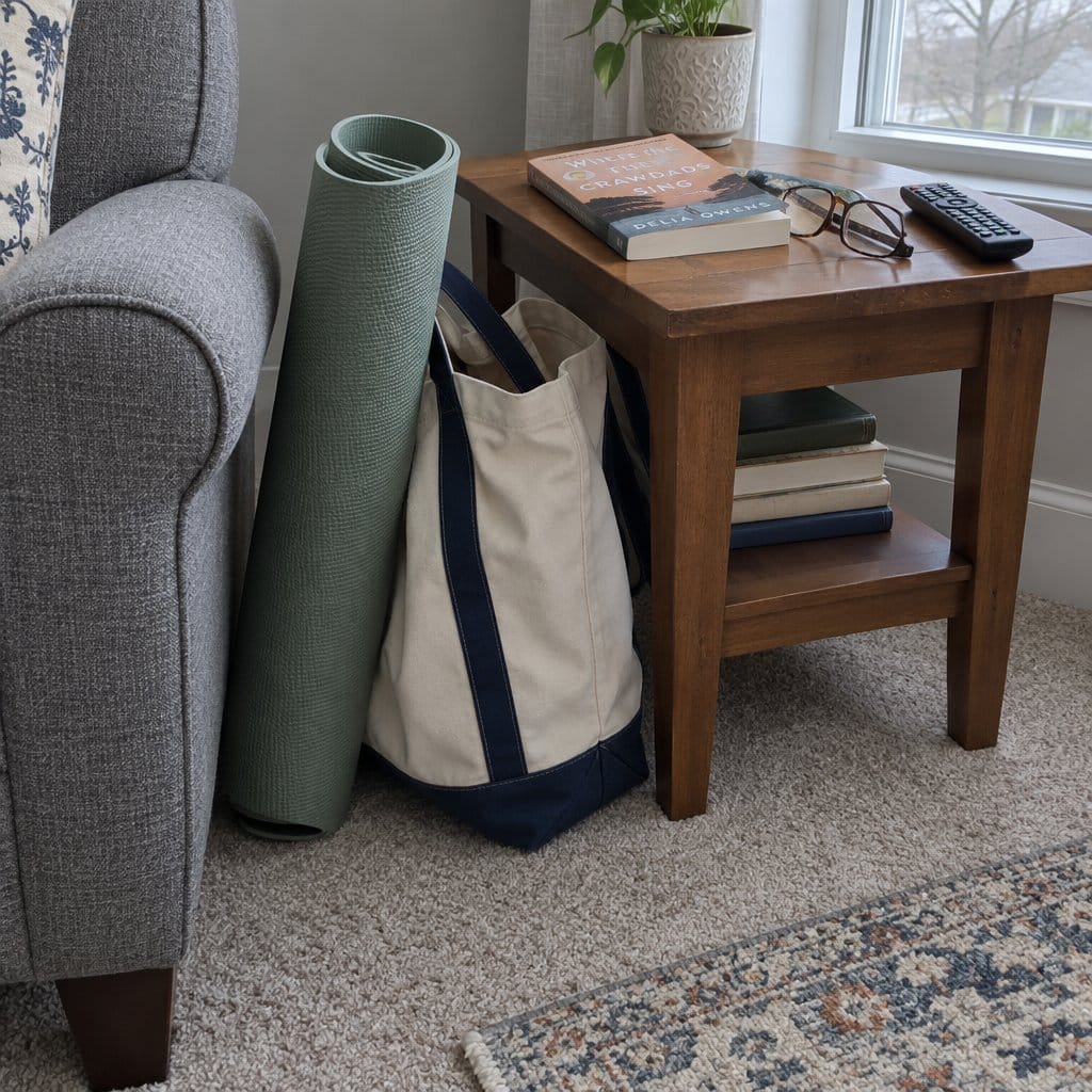 A rolled mat leaning against a canvas tote bag on a living room floor beside an armchair and side table